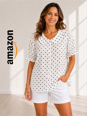 NWOT Amazon Essentials White Polka Dot Peter Pan Collar Blouse